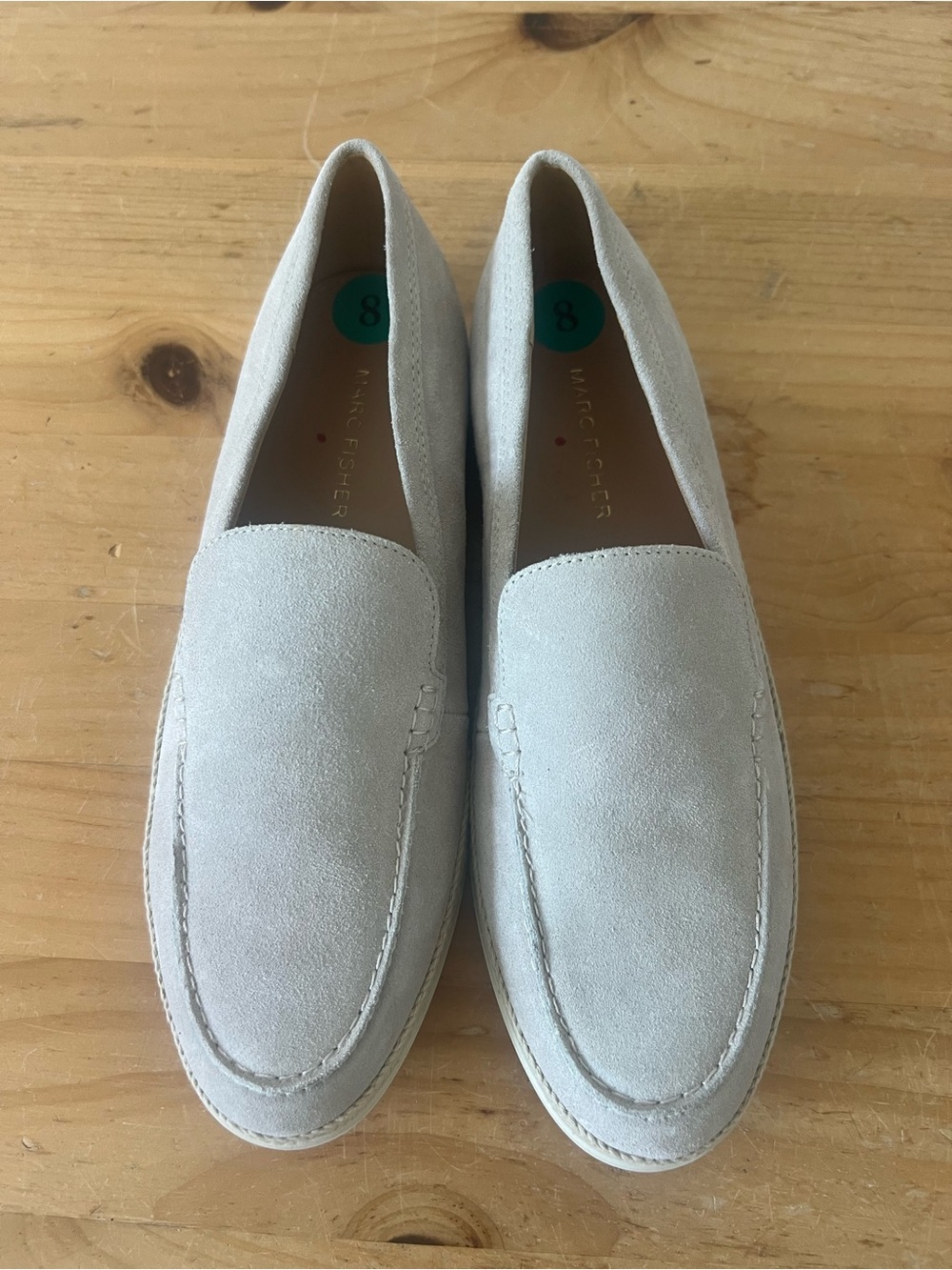 Marc Fisher Suede Loafers Womens Size 8M Beige Gray Slip On Quiet Luxury